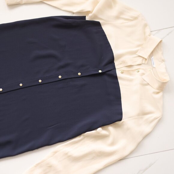 Chic white blue silk long sleeve button up tunic shirt dress XS S - Picture 4 of 7